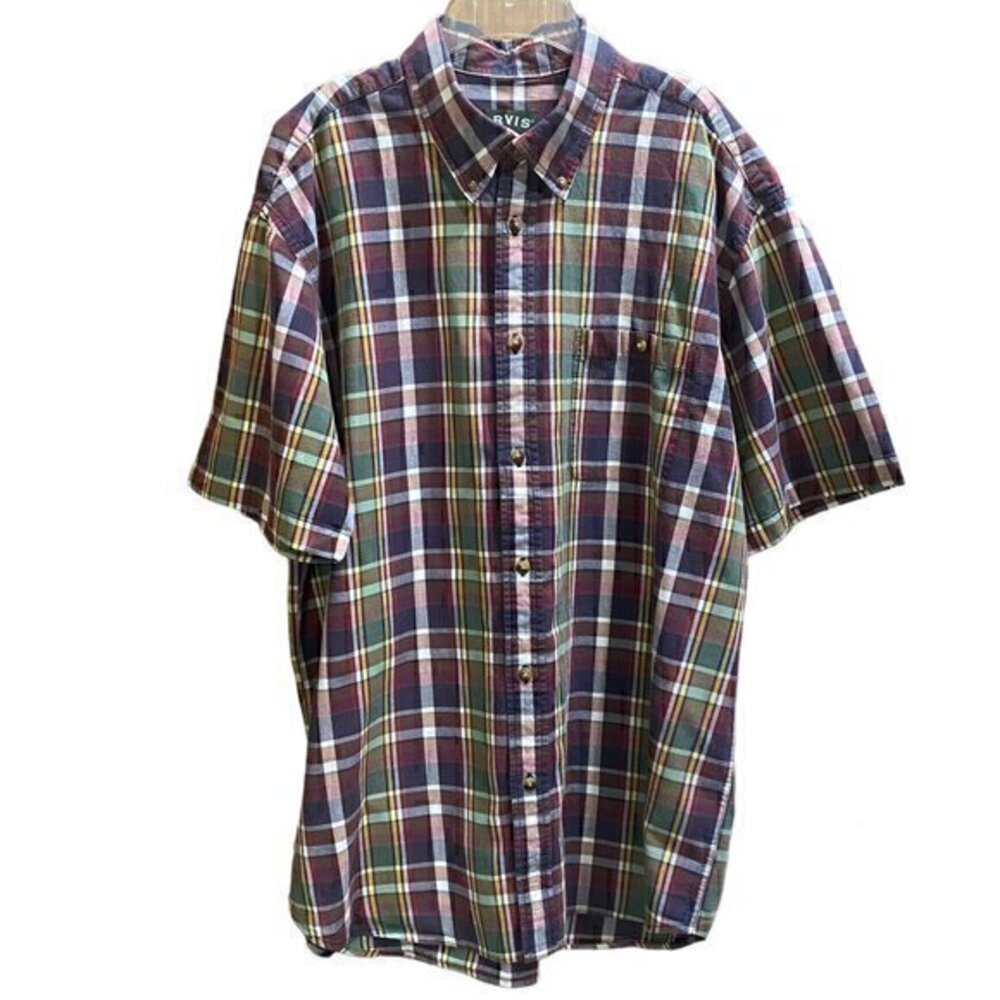 Orvis Madras Mens Button Down Shirt Plaid Short Sleeve Button Pocket Size XL